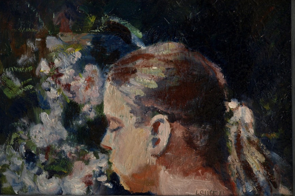 Sue with Flowers, Oil on Panel, 8 x 12 Inches, by Bernard Lennon, $225